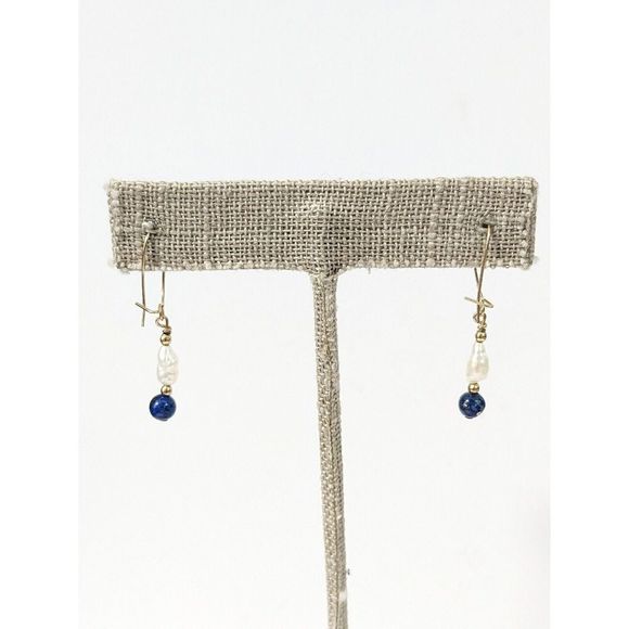 Baroque Pearl Lapis Lazuli Gold Tone Kidney Wire Dangle Earrings Elegant Dainty - Picture 8 of 11